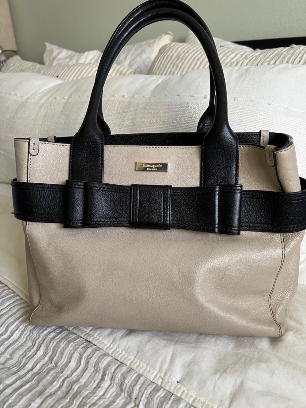 kate spade Two-Tone Black and Beige Leather Satchel with Bow Detail